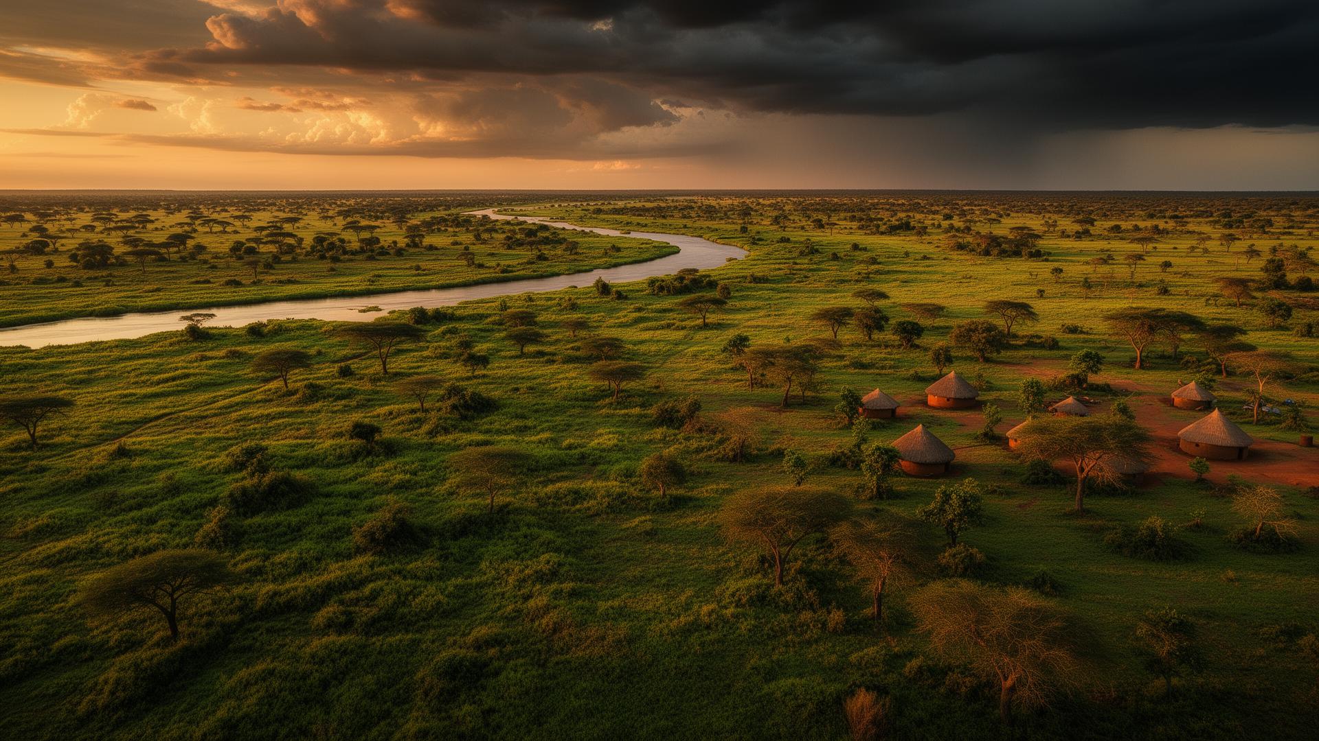 Aerial view of South Sudan — the White Nile winding through savanna at golden hour